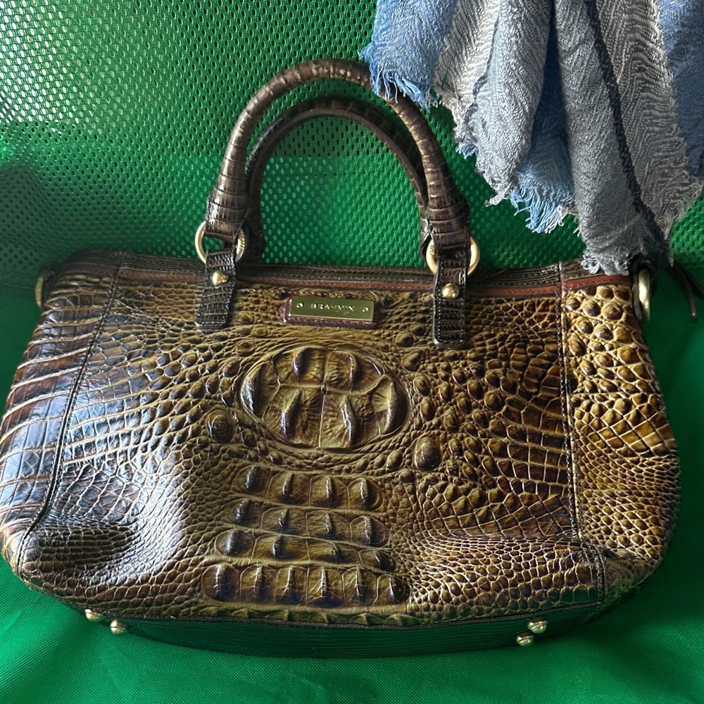 Brahmin Olive and Brown Crocodile Embossed Satchel